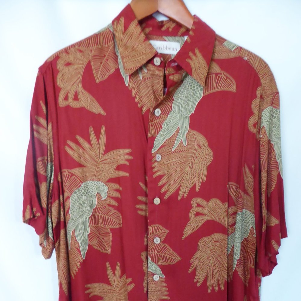 CARIBBEAN BRAND MENS HAWAIIAN PALM FRONDS PARROT BIRD RED SHIRT (PRE-OWNED) L